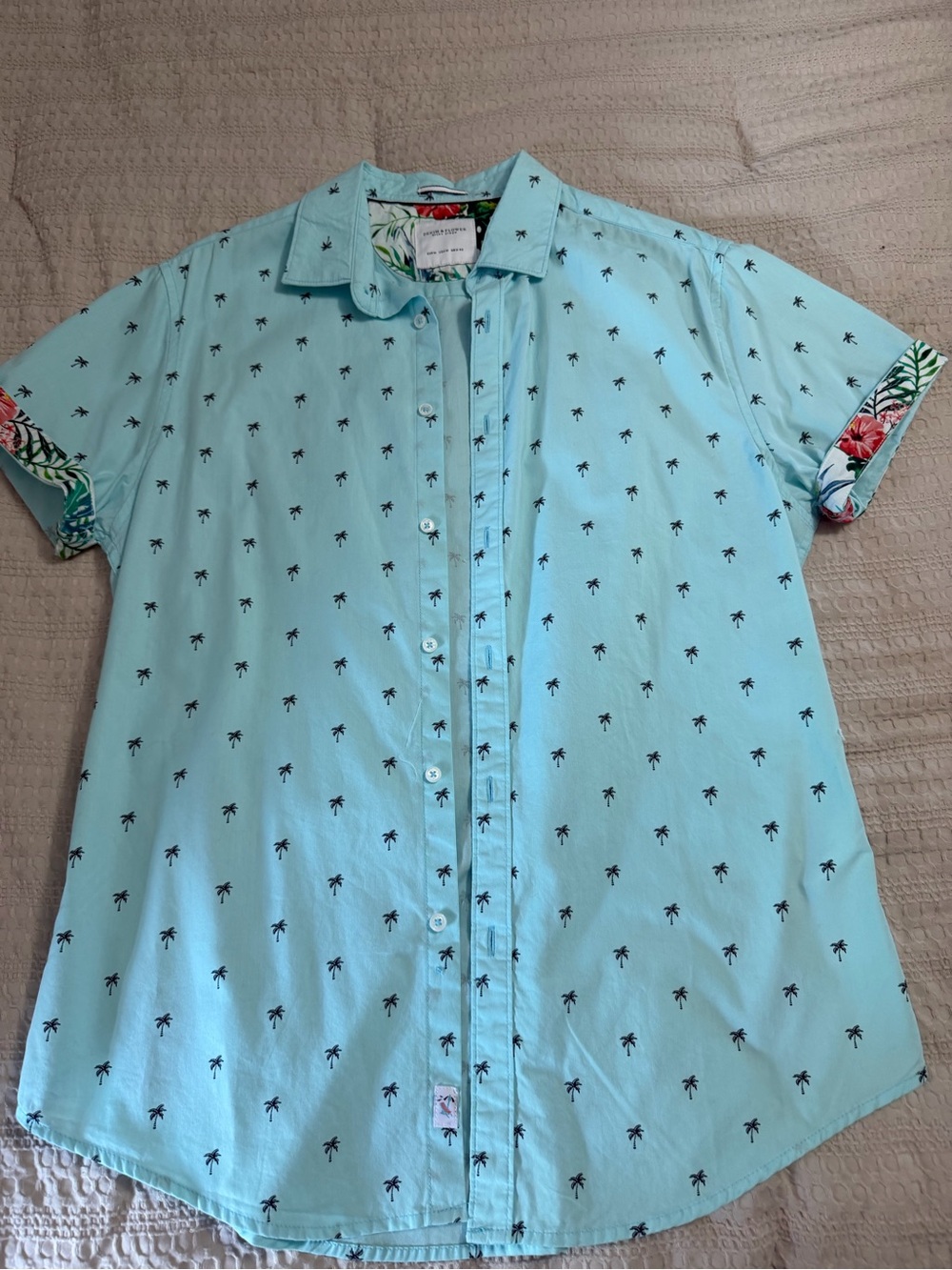 Denim & Flower Light Blue Palm-Print Short Sleeve Button-Down